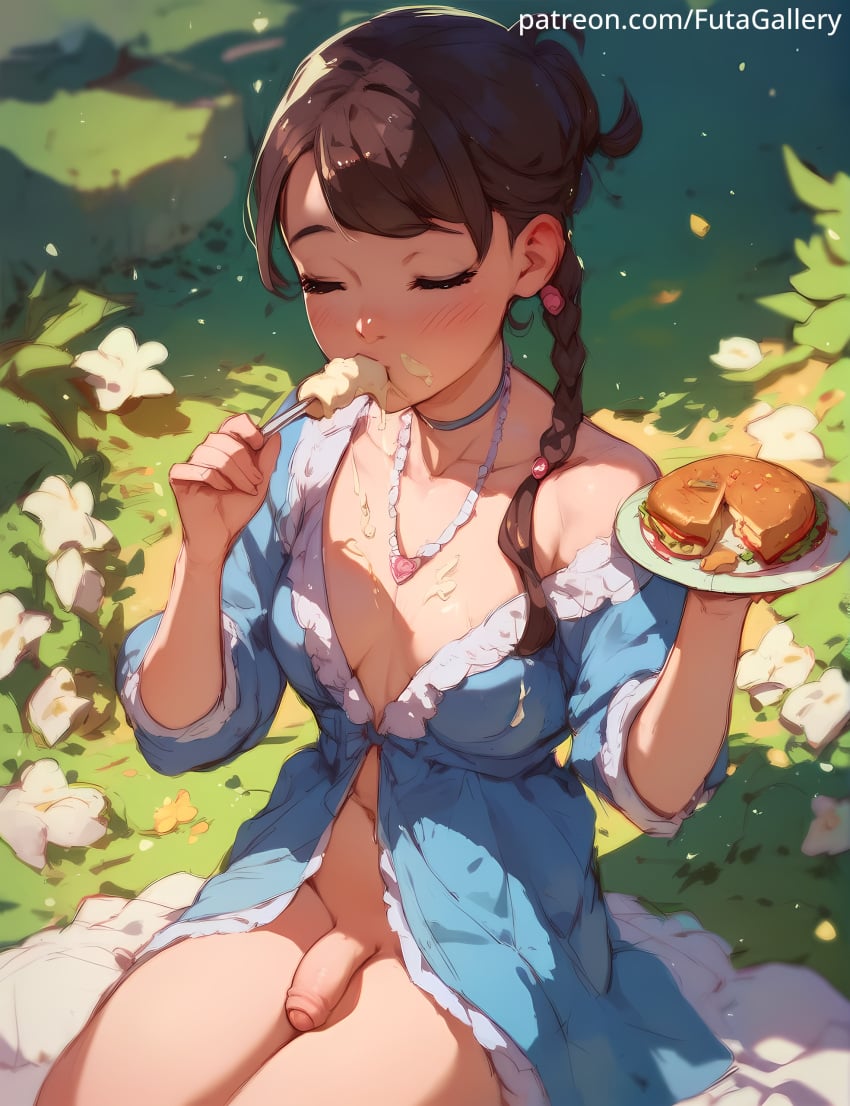 1futa ahe_gao ai_generated balls big_balls big_breasts black_hair blush breasts clothing dickgirl eating eating_food food food_play futa_only futagallery futanari genitals hi_res huge_balls huge_breasts large_breasts long_hair masturbation open_mouth original outdoors outside penis solo solo_futa young