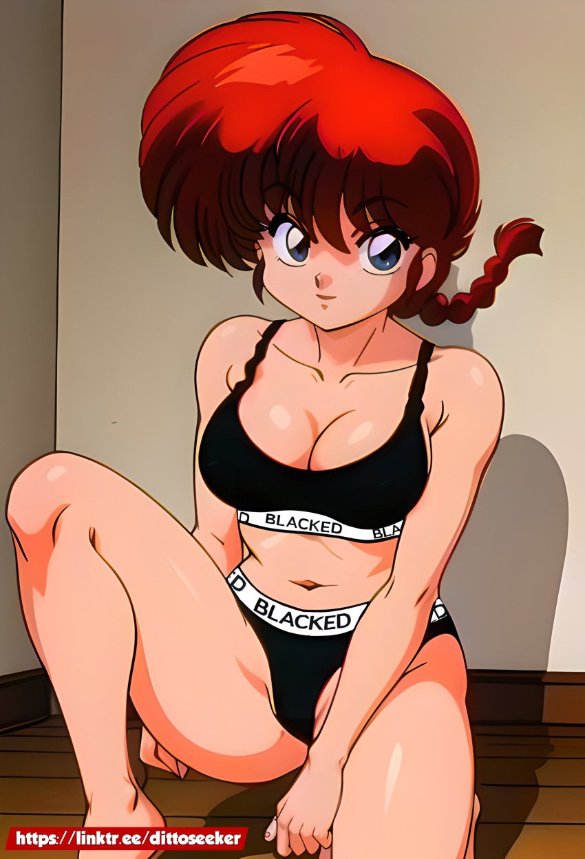 ai-created bangs barefoot black_bra black_clothes black_panties black_underwear blacked_clothing blue_eyes bra braid braided_ponytail breasts brown_hair clavicle cleavage closed_mouth clothing dittoseeker english_language english_text feet female female_only genderswap_(mtf) high_resolution knee_up large_breasts long_hair looking_at_viewer medium_breasts navel panties ponytail ranma-chan ranma_1/2 red_hair rule_63 saotome_ranma single_braid sitting smile solo sports_bra text thighs tied_hair underwear underwear_only very_high_resolution wooden_floor