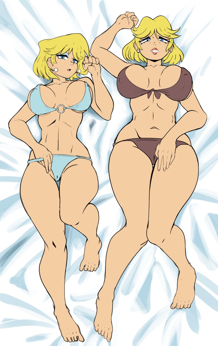 2girls bare_shoulders barefoot belly_button blonde_female blonde_hair blue_bikini blue_bra blue_eyes blue_eyeshadow bra breasts brown_bra brown_panties clenched_teeth dakimakura eyeshadow female female_focus female_only front_view full_body light-skinned_female light_skin lipstick looking_at_viewer lori_loud milf mother_and_daughter multiple_girls navel nickelodeon nicktoons open_mouth panties rita_loud short_hair smile teenage_girl teenager the_loud_house thick thick_thighs unmecorron