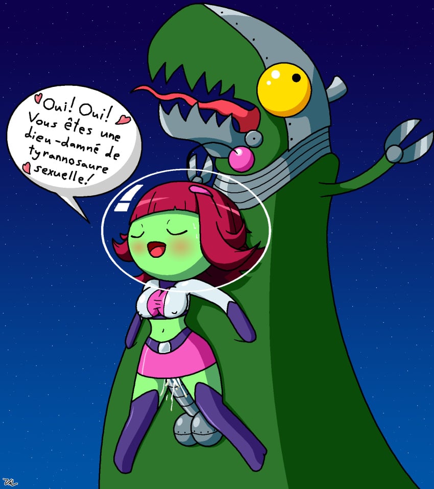 blush crop_top dinosaur erect_nipples erect_nipples_under_clothes eyes_closed french_text green_skin hairclip luna_(mighty_milky_way) mighty_milky_way open_mouth penetration red_hair robot short_hair skirt speech_bubble straight t_rex text val_(artist) yellow_eyes