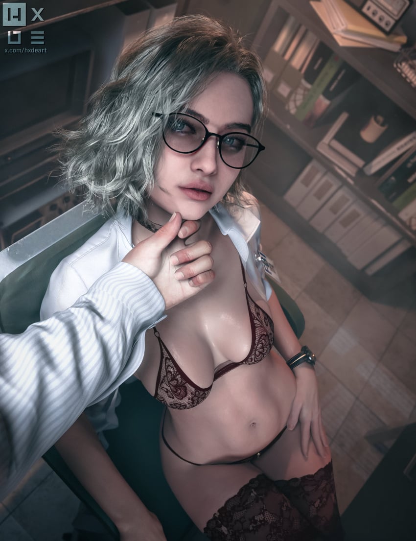 1boy1girl 3d 3d_(artwork) 3d_model 3d_render blonde_female breasts curly_hair glasses grace_ashcroft grace_ashcroft_(julia_pratt) hand_on_chin hxde nipples_visible_through_bra office_background platinum_blonde_hair realistic resident_evil resident_evil_9:_requiem short_hair