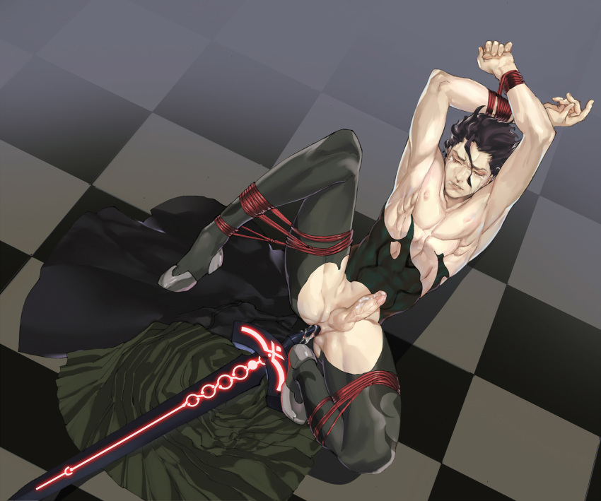 1boy anal_insertion arms_above_head bondage bound_wrists brown_hair checkered_floor clenched_eyes closed_eyes diarmuid_ua_duibhne fate/zero fate_(series) frogtie lancer male male_nipples malesub muscles on_back penis solo spread_legs sword torn_clothes