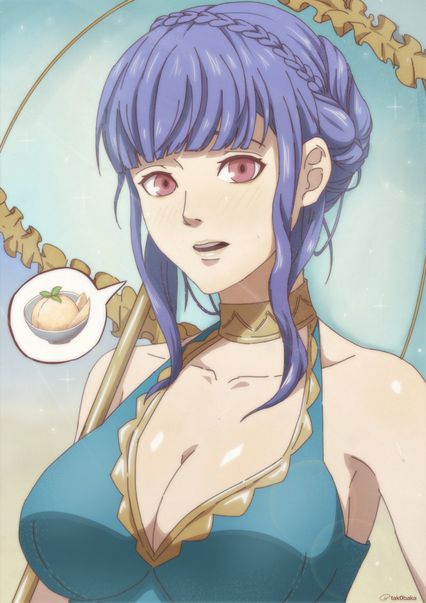 1girls absurdres alternate_costume bad_id bad_pixiv_id bikini blue_bikini blue_hair blue_swimsuit blunt_bangs blush braid breasts cleavage collarbone commentary crown_braid english_commentary female female_only fire_emblem fire_emblem:_three_houses fire_emblem_heroes food gold_trim highres holding holding_umbrella large_breasts marianne_von_edmund marianne_von_edmund_(summer) nintendo official_alternate_costume parasol red_eyes sidelocks solo speech_bubble swimsuit tak0baka umbrella