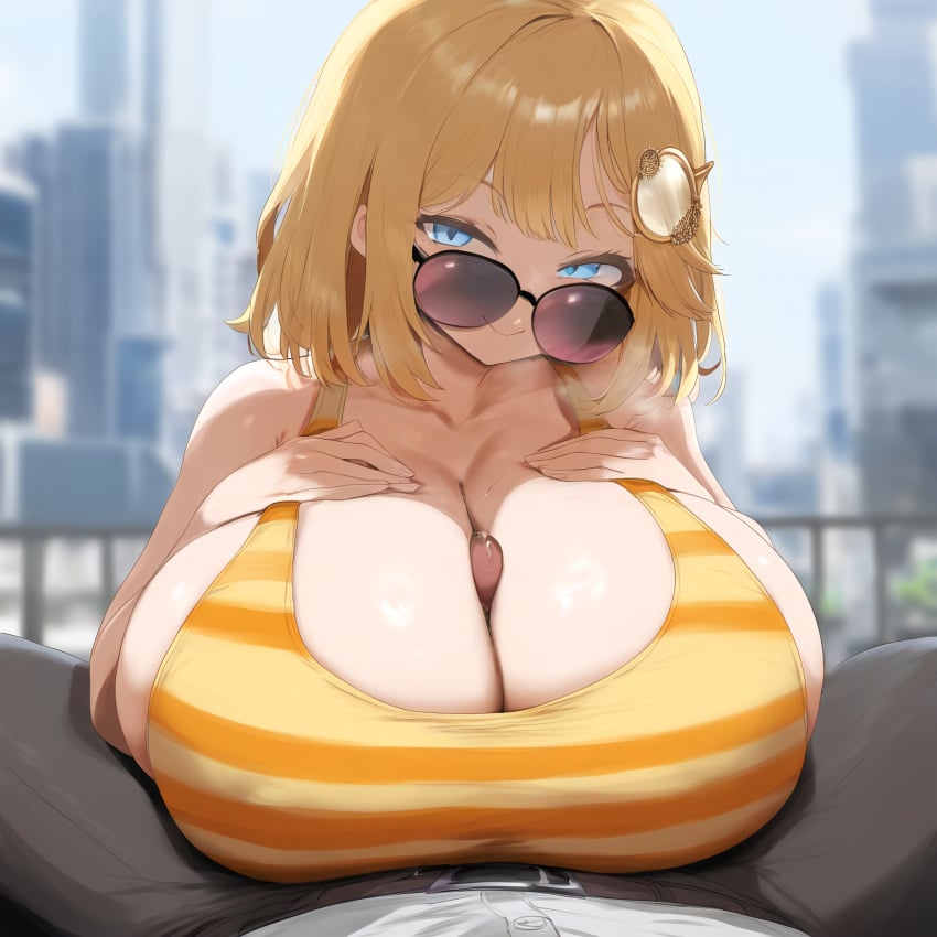 1boy 1girls ai_generated ameanon big_breasts blonde_hair blue_eyes breasts cleavage gigantic_breasts hands_on_breasts hololive hololive_english hololive_myth huge_breasts large_breasts looking_at_viewer looking_over_eyewear looking_over_sunglasses mommy paizuri penis pov precum sideboob smile sunglasses tinted_eyewear virtual_youtuber vtuber watson_amelia