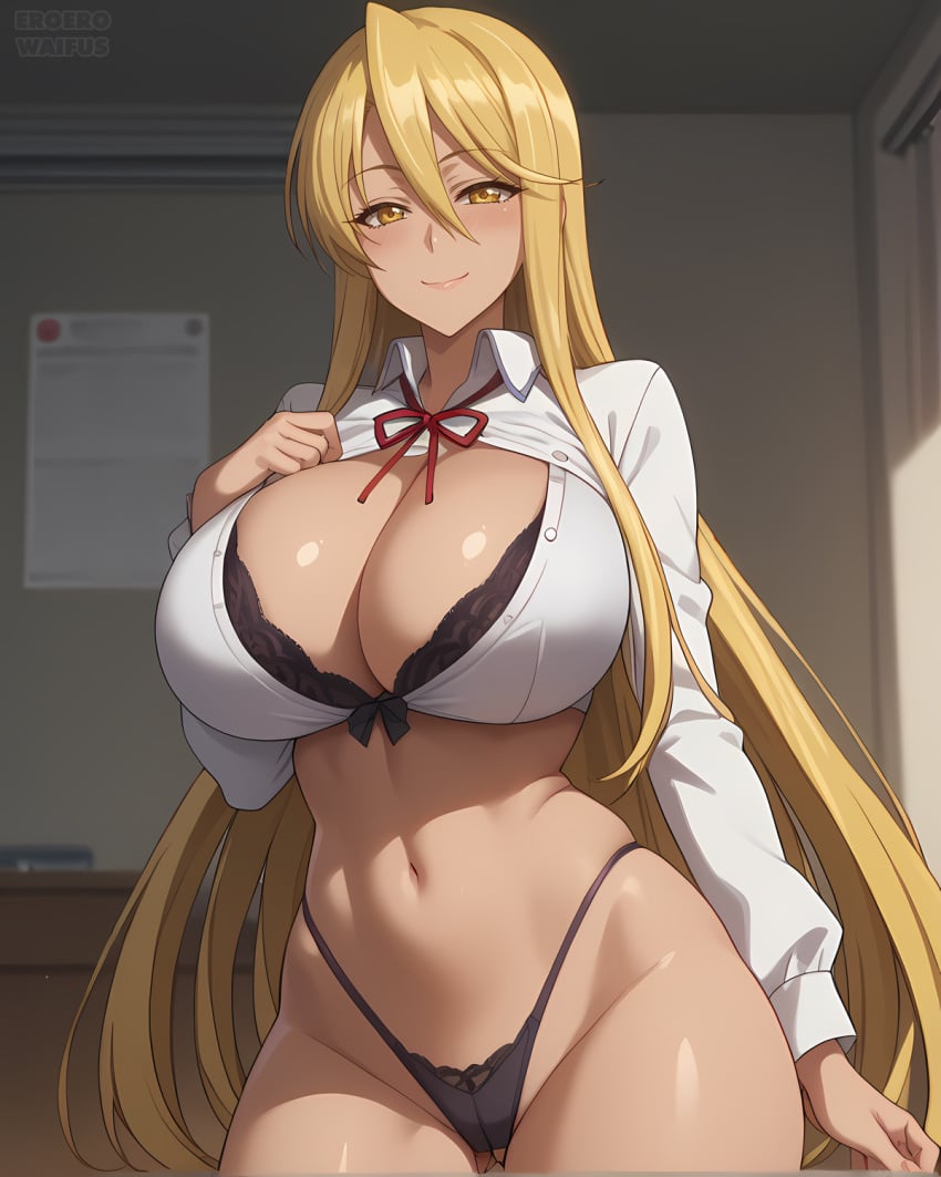 ai_generated athletic_female bare_legs blonde_hair eroero_waifus gigantic_breasts highschool_of_the_dead huge_breasts huge_thighs light-skinned_female light_skin long_hair looking_at_viewer massive_breasts mature_female milf panties pawg seductive_eyes seductive_look seductive_smile shizuka_marikawa smiling solo_female squatting sweat sweatdrop teacher thick_thighs thighs voluptuous voluptuous_female yellow_eyes