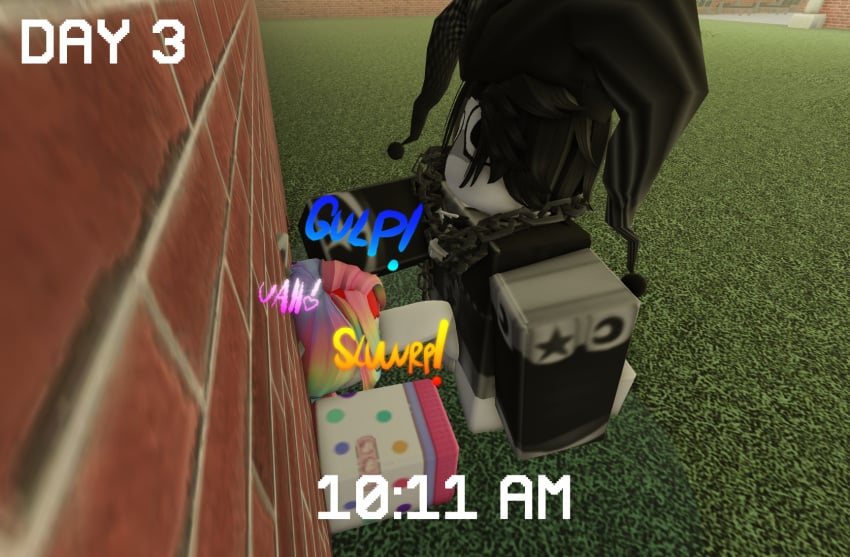 1boy 1girls 3d clown_girl forced jester_outfit klaus_(lemonz) onomatopoeia oral penis rape roblox robloxian stuck stuck_in_wall tagme tagme_(artist)