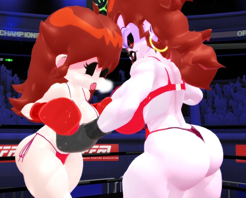 2girls 3d 3d_(artwork) arena ass big_ass big_butt bikini black_boxing_gloves black_gloves boxing boxing_gloves boxing_ring brown_hair demon demon_girl demon_horns duo duo_female duo_focus female female_only fight fighting_ring friday_night_funkin girlfriend_(friday_night_funkin) gloves huge_ass huge_butt josugomezofficialnew kabalmystic long_hair long_hair_female mmd mommy_mearest mother_and_daughter punch punching punching_stomach purple_skin red_boxing_gloves red_gloves tagme