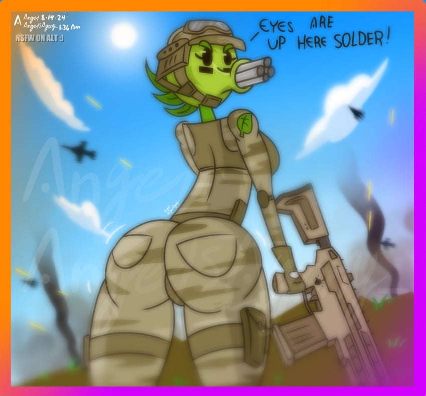 agonywelds angelsagony big_ass big_breasts big_butt bullet fighter_jet gatling_pea_(pvz) gun holding_gun looking_at_viewer looking_back military military_uniform plant_girl plants_vs_zombies pvz smoke wide_hips