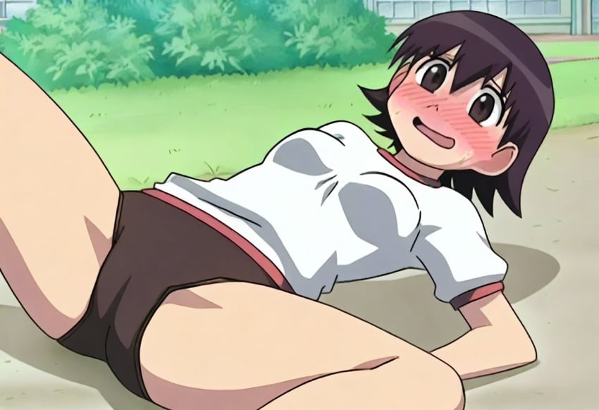 1girls ai_generated azumanga_daiou bare_thighs blush blush blushing_female brown_eyes buruma clothed_female clothing female gym_clothes gym_shirt gym_shorts gym_uniform lying nervous_smile on_floor open_mouth outside solo spread_legs sweat sweatdrop tagme thighs tomo_takino