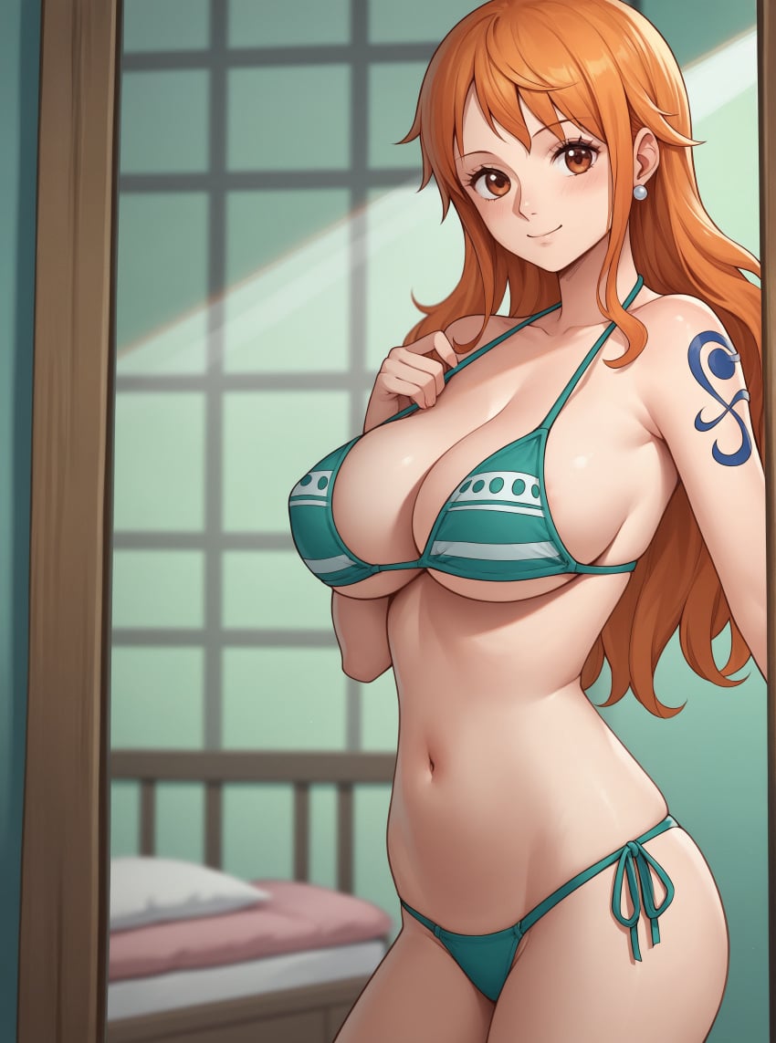 ai_generated breasts brown_eyes earrings female female_only hair long_hair midriff nami nami_(one_piece) navel one_piece orange_eyes orange_hair robinlover smile solo solo_female tagme