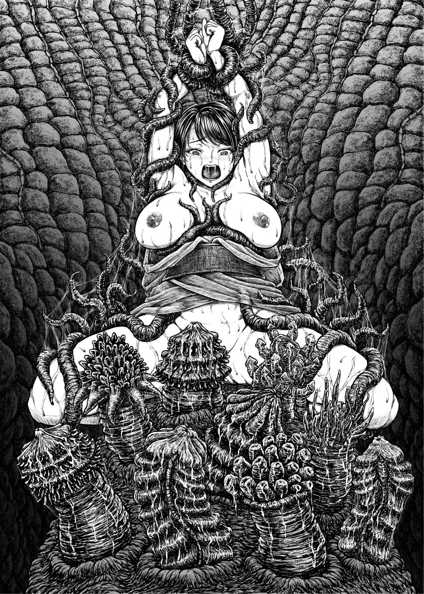 absurdres black_hair breasts breasts_out bug clothes_lift crying crying_with_eyes_open greyscale highres imminent_penetration interspecies japanese_clothes kimono kimono_lift large_breasts monochrome mushroom nipples no_panties open_clothes open_kimono original saliva scared screaming slime_(substance) tears tentacle tentacle_pit yuyu_(1bit)