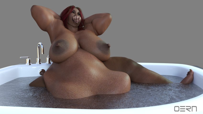 3d bath bbw belly big_belly big_breasts breasts dark-skinned_female dark_skin fat female female_pred huge_belly nipples oern oral_vore overweight overweight_female red_hair same_size_vore vore