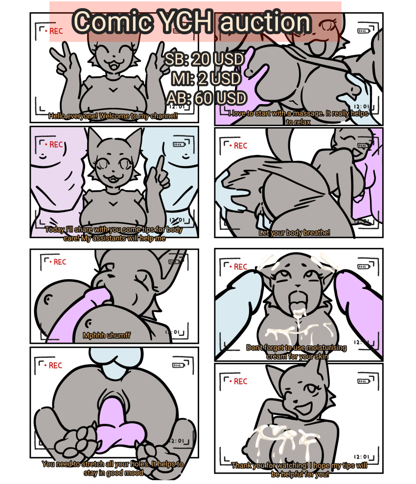 anthro big_ass big_breasts camera comic comic_page commission commission_art cum_in_mouth cumshot double_penetration feet furry furry_female group group_sex paws pussy ych ych_(character)