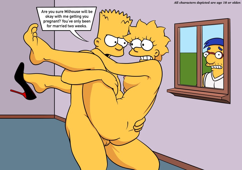 1girls 2boys aged_up ass balls bart_simpson blue_hair breasts cheating cuckold dialogue female glasses high_heel human human_on_human incest indoors lisa_simpson lockandlewd looking_at_another male male/female milhouse_van_houten nude nude_female nude_male penis penis_in_pussy sex straight straight_sex text text_bubble the_simpsons window yellow_skin