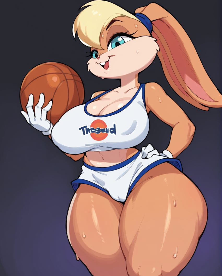 1girls ai_generated anthro anthro_only big_breasts breasts cameltoe cleavage clothed clothing female female_only furry furry_only gloves hand_on_hip lola_bunny looney_tunes nipple_bulge rocksolidart solo solo_female sportswear thick_thighs warner_brothers wide_hips