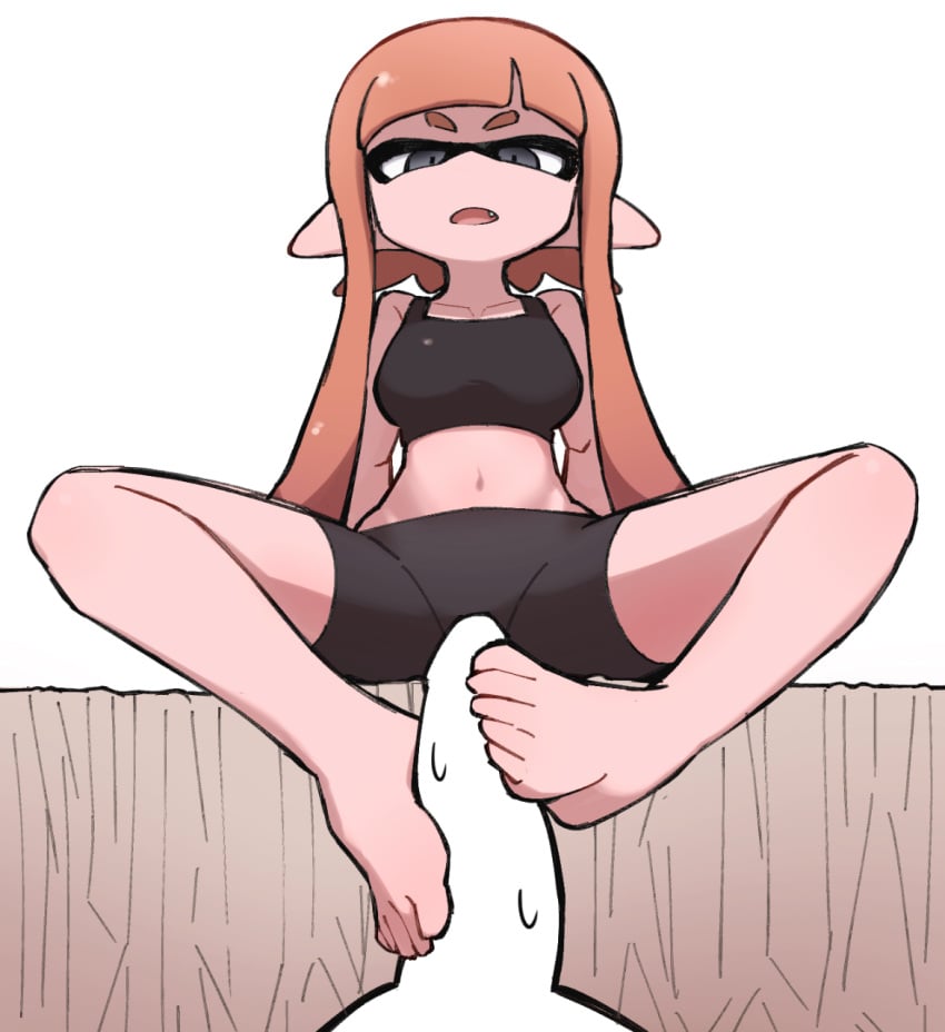 bike_shorts bra feet foot_fetish footjob from_below gym_clothes inkling inkling_girl kuronekoore looking_at_penis low-angle_view pov spats splatoon