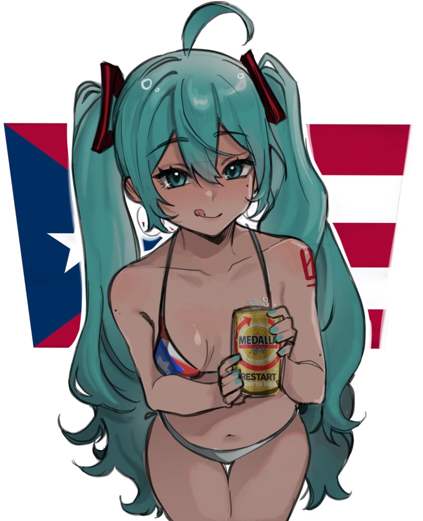 1girls asian_latina beer bikini blue_eyes blue_hair blue_nails can flag flag_bikini from_above hatsune_miku holding_can holding_object latin_american_hatsune_miku_(meme) looking_at_viewer medalla_(beer) navel painted_nails puerto_rican puerto_rican_flag puerto_rican_miku rotomr side-tie_bikini simple_background tongue_out twintails vocaloid white_bikini_bottom