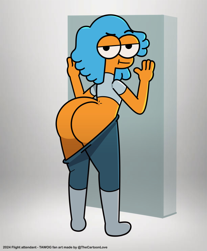 big_ass big_butt big_eyes blue_hair cartoon_network clothed flight_attendant flight_attendant_(the_amazing_world_of_gumball) hands_on_wall looking_at_viewer orange_body pants pants_down semi_nude simple_background the_amazing_world_of_gumball the_cartoon_love wall