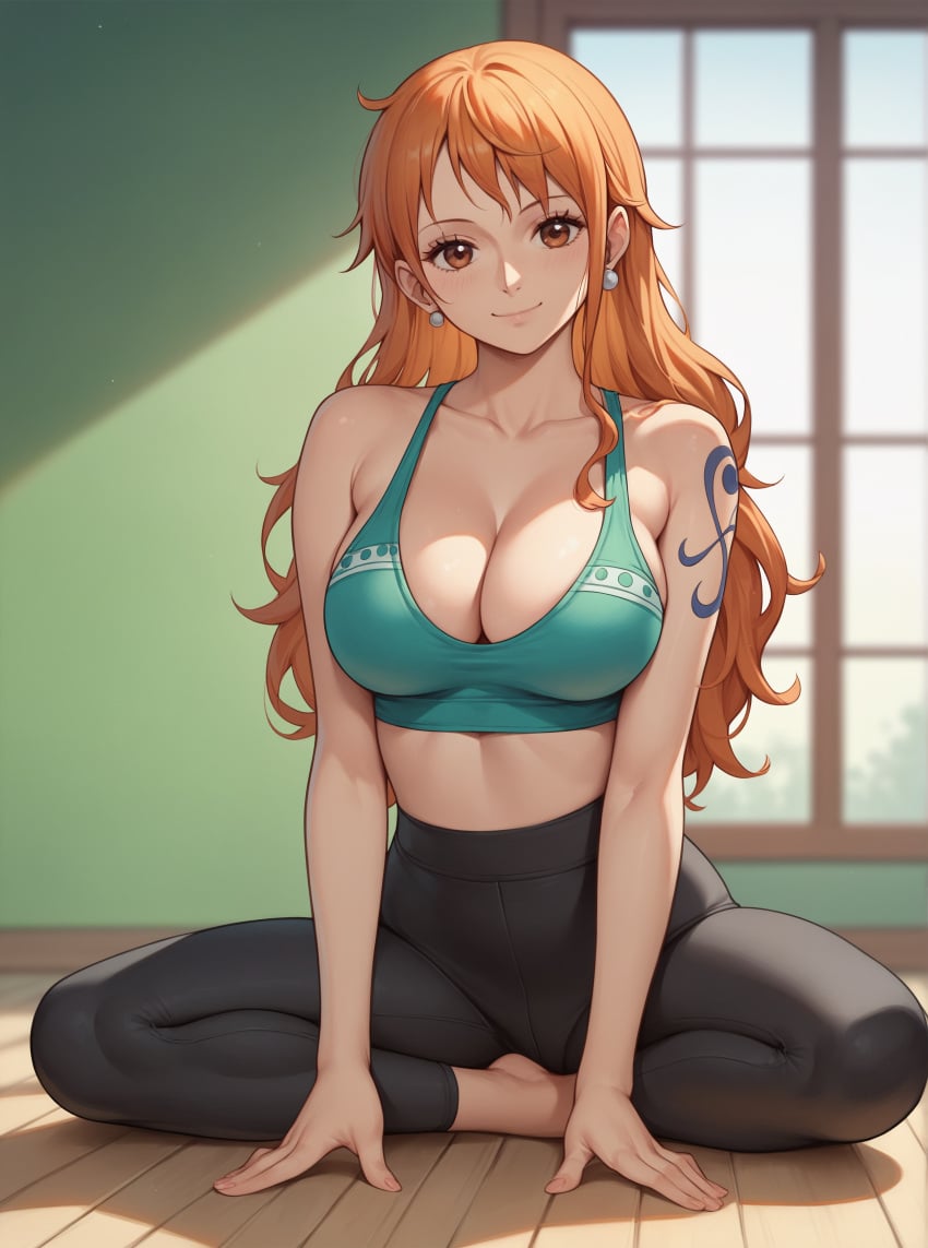 ai_generated breasts brown_eyes earrings female female_only hair long_hair midriff nami nami_(one_piece) one_piece orange_eyes orange_hair robinlover smile solo_female tagme