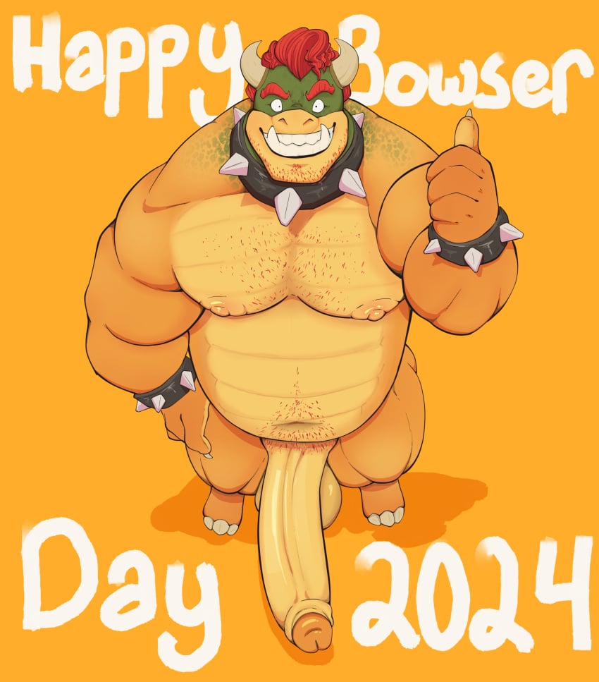 1boy absurd_res anthro balls body_hair bowser bowser_day chest_hair collar erection genitals hi_res huge_cock koopa long_penis male male_only mario_(series) nintendo nipples penis penis_to_the_knees pubes ryanburr scalie solo spiked_collar spikes