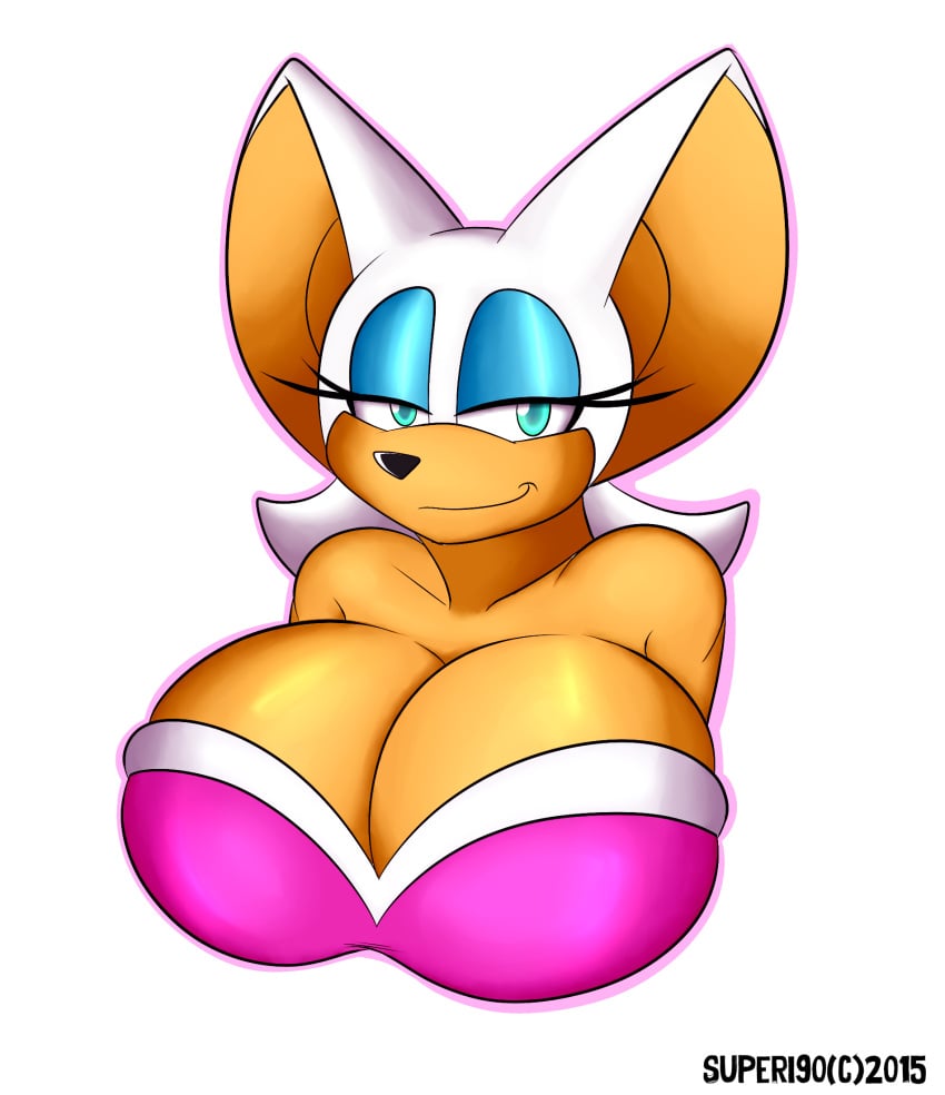 anthro big_breasts black_nose bodysuit boots breasts cleavage clothed clothing elbow_gloves eyebrows eyelashes eyeshadow female footwear fully_clothed hair half-closed_eyes hi_res huge_breasts looking_at_viewer makeup mammal narrowed_eyes purple_eyeshadow rouge_the_bat sega shoulders smile solo sonic_(series) sonic_the_hedgehog_(series) superix tight_clothing wide_hips