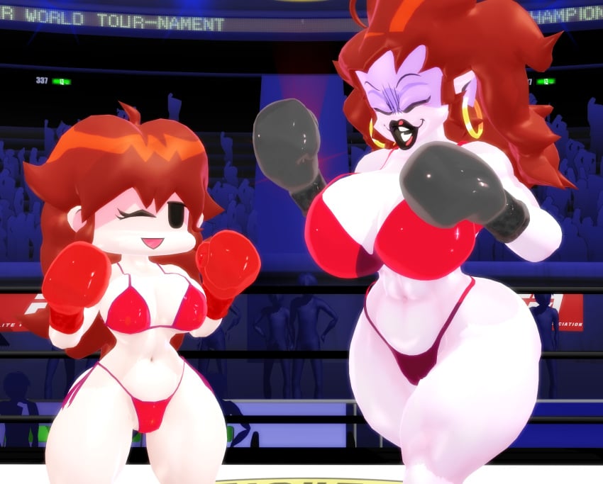 2girls 3d 3d_(artwork) arena big_boobs big_breasts bikini black_boxing_gloves black_gloves boobs boxing boxing_gloves boxing_ring breasts brown_hair curvaceous curvy curvy_body curvy_figure demon demon_girl demon_horns duo duo_female duo_focus female female_only fighting_ring friday_night_funkin girlfriend_(friday_night_funkin) gloves huge_boobs huge_breasts josugomezofficialnew kabalmystic long_hair long_hair_female mmd mommy_mearest mother_and_daughter purple_skin red_boxing_gloves red_gloves tagme