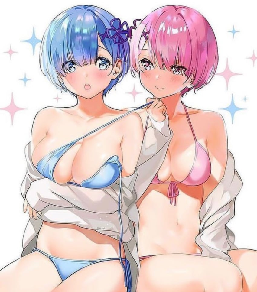 bikini blue_bikini blue_eyes blue_hair pink_bikini pink_eyes pink_hair ram_(re:zero) re:zero_kara_hajimeru_isekai_seikatsu rem_(re:zero)