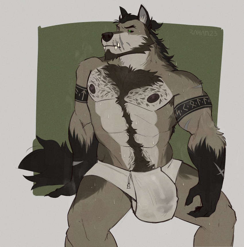 anthro balls_under_clothes big_bulge bulge canid canine canis flaccid fur furry huge_bulge male male_nipples male_only mammal muscular_anthro muscular_male nipples penis_outline penis_under_clothes solo solo_male sweat sweating tuskyrayan wolf