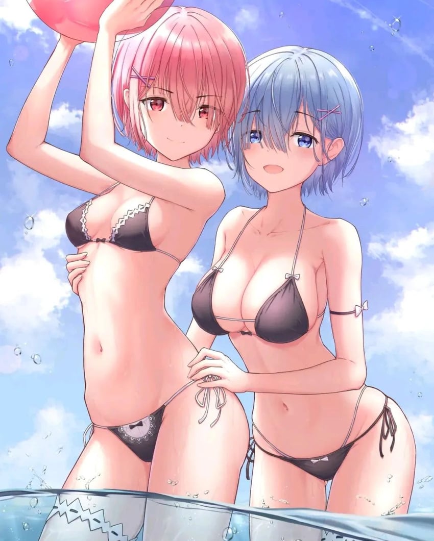 blue_eyes blue_hair pink_eyes pink_hair ram_(re:zero) re:zero_kara_hajimeru_isekai_seikatsu rem_(re:zero) swimming