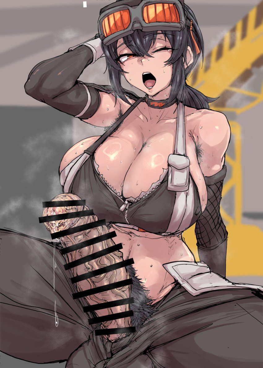 1futa anime_nose arm_behind_head armpit_hair ball_bulge bar_censor bare_shoulders big_breasts big_penis black_hair black_pants black_sports_bra breasts censored cleavage clothed clothing erection female_pubic_hair foreskin foreskin_folds fully_clothed futa_armpit_hair futa_only futanari goggles goggles_on_head grace_howard hair_between_eyes hairy_armpits highres huge_breasts huge_cock human intact light-skinned_futanari light_skin long_hair looking_at_viewer masso_nullbuilt one_eye_closed open_mouth orange_eyes pants partially_retracted_foreskin penis precum precum_drip pubic_hair sitting smegma smelly solo sports_bra spread_legs sweat tearing_up uncut veins veiny_penis zenless_zone_zero