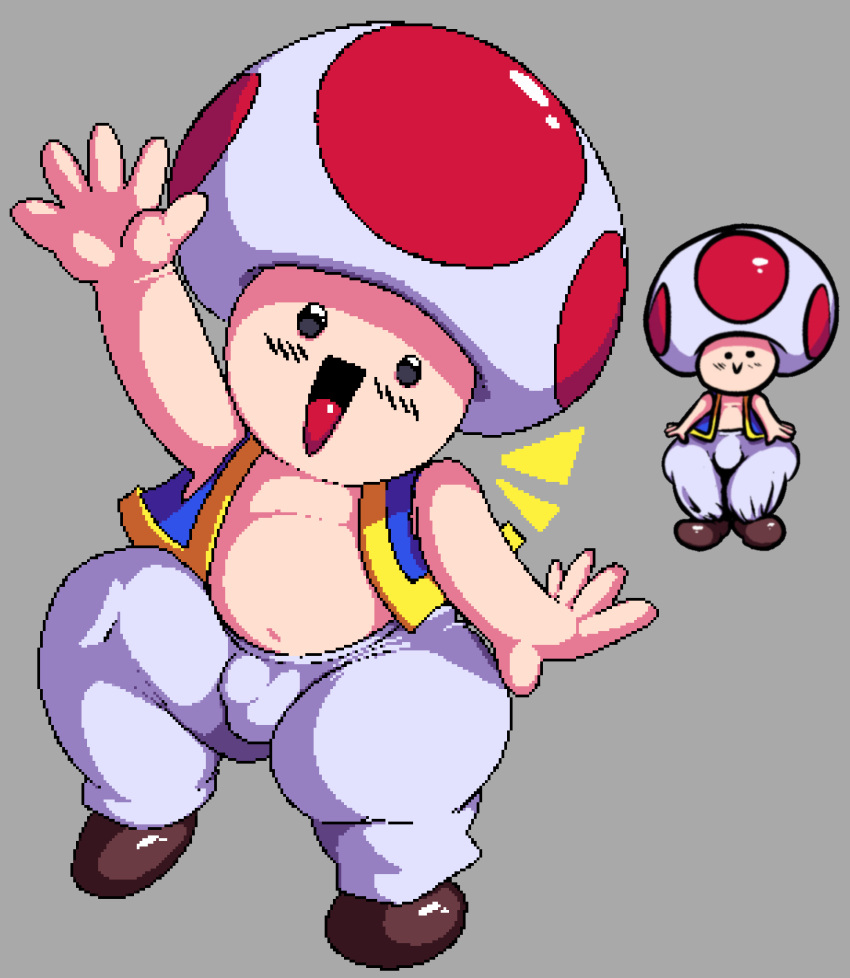 blush bulge chubby fat fat_ass looking_at_viewer male_focus male_only mario_(series) mob_face mushroom_boy mushroom_humanoid nintendo pixel_art reference_image shortstack smiling sweatpants thick_ass thick_thighs toad_(mario) vest waving waving_at_viewer