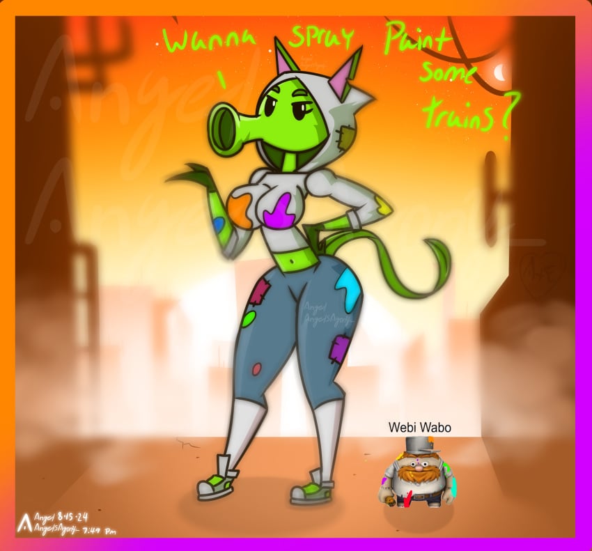 agonywelds anthro big_ass big_breasts big_butt cat_ears cat_tail crazy_dave_(pvz) eyebrows graffiti graffiti_pea hands_on_hips high_socks hoodie industrial leaf leaf_tail long_socks looking_at_viewer paint_on_body peashooter_(pvz) plant_girl plants_vs_zombies pvz spray_paint thick_ass thick_thighs