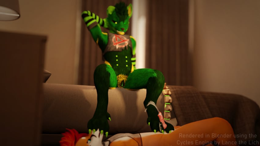 andromorph anthro armor bed belly_nipples blender_cycles bodily_fluids bone_tail canid canine canis claws clothing cum cum_on_feet cuntboy duo feet foot_fetish foot_focus foot_play footjob fur furniture genital_fluids genitals green_body green_fur hairy_pussy hi_res intersex intersex/male lance_barrowpaw lance_the_lich lich male male/male mammal pawpads paws pubes pussy sex skeletal_tail tail toe_claws toes undead wolf