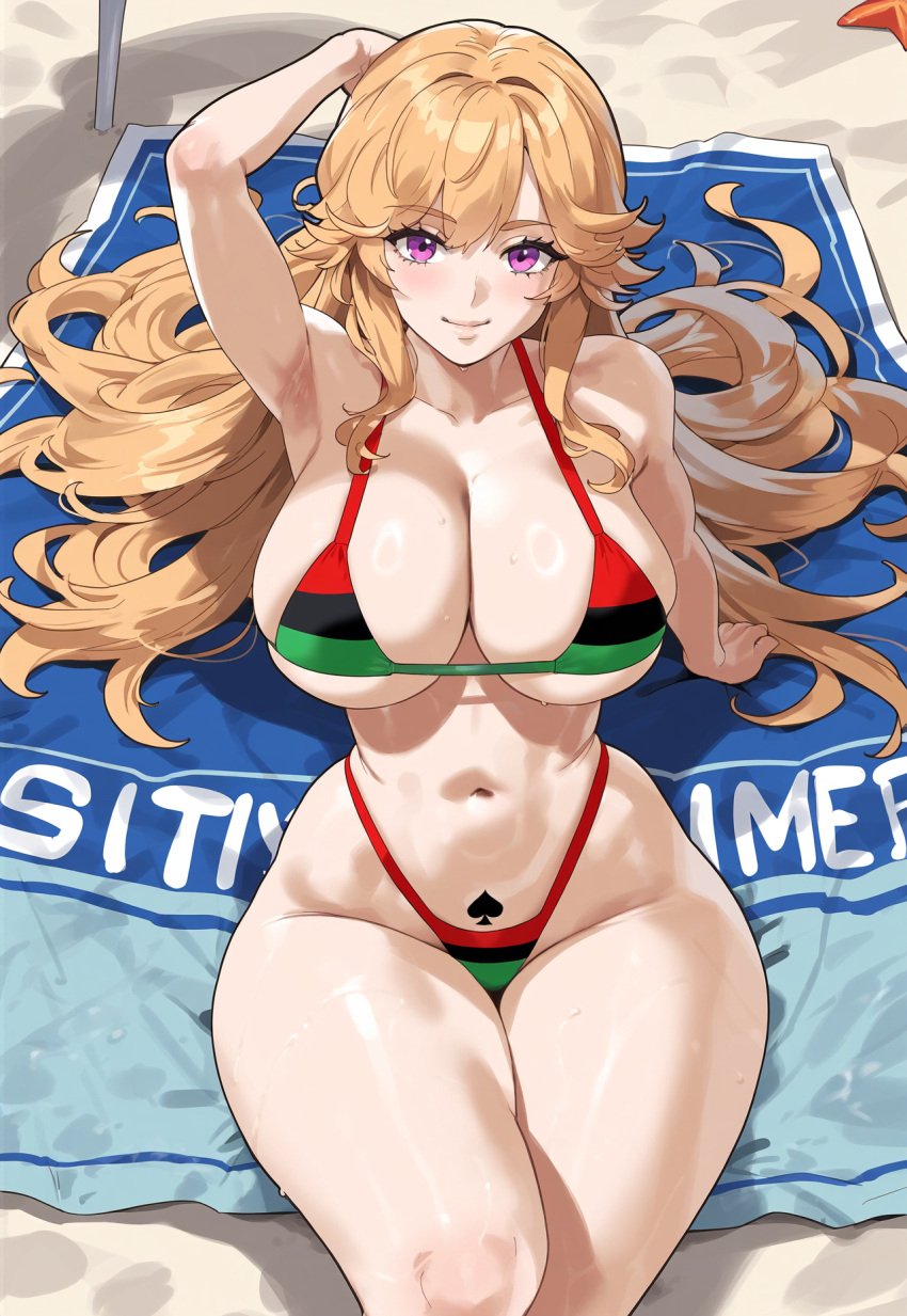 ai_generated artist_request azur_lane beach bikini blonde_hair pan-african_flag pan_african_flag_bikini queen_of_spades richelieu_(azur_lane) spade_tattoo