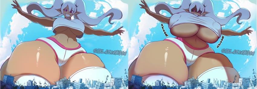 1girls big_breasts big_thighs blazinxgen breast_expansion breasts breasts_bigger_than_head city city_destruction dark-skinned_female dark_elf dark_skin destruction earthquake elf elf_ears elf_female exposed_torso fat_thighs female flat_belly giantess giantess_growth huge_breasts huge_thighs looking_at_viewer looking_down looming looming_over menacing nipple_bulge no_bra onomatopoeia original_character pigtails red_eyes skindentation smiling stretching_shirt thick_thighs thighhighs thighs thunder_thighs twintails underboob underwear white_hair zebby_(iladiesart)