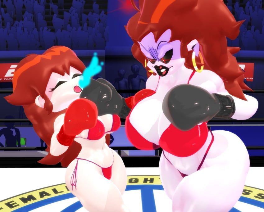 2girls 3d 3d_(artwork) arena bikini black_boxing_gloves black_gloves boxing boxing_gloves boxing_ring brown_hair demon demon_girl demon_horns duo duo_female duo_focus female female_only fight fighting_ring friday_night_funkin girlfriend_(friday_night_funkin) gloves josugomezofficialnew kabalmystic long_hair long_hair_female mmd mommy_mearest mother_and_daughter punch punching punching_face purple_skin red_boxing_gloves red_gloves saliva tagme