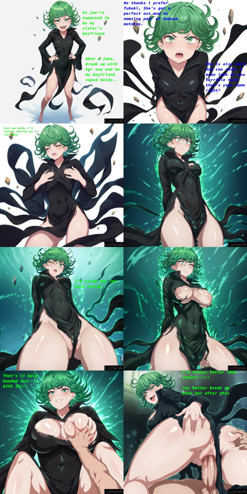 ai_generated ass_expansion body_size_growth breast_expansion comic female grabbing_breasts green_eyes green_hair growth growth_sequence luthenai one-punch_man ripped_clothing saitama tatsumaki vaginal_penetration