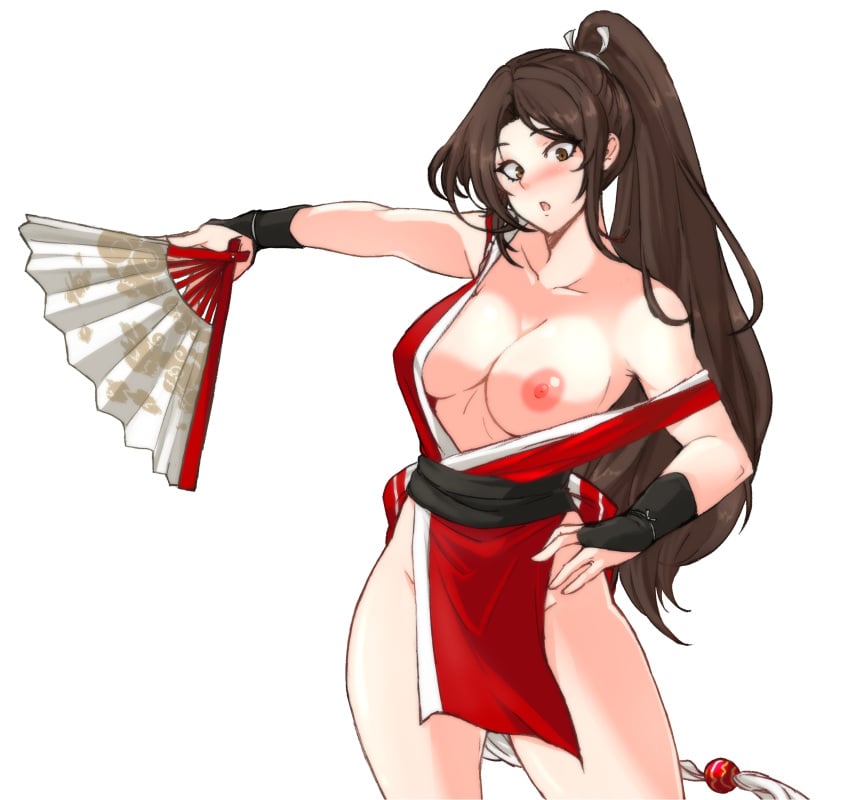 1girls absurdres breasts brown_eyes brown_hair embarrassed fan fatal_fury female folding_fan hair_ribbon highres japanese_clothes king_of_fighters large_breasts long_hair looking_at_viewer mai_shiranui off_shoulder one_breast_out open_mouth pelvic_curtain ponytail revealing_clothes ribbon sash simple_background snk solo tied_hair tridisart