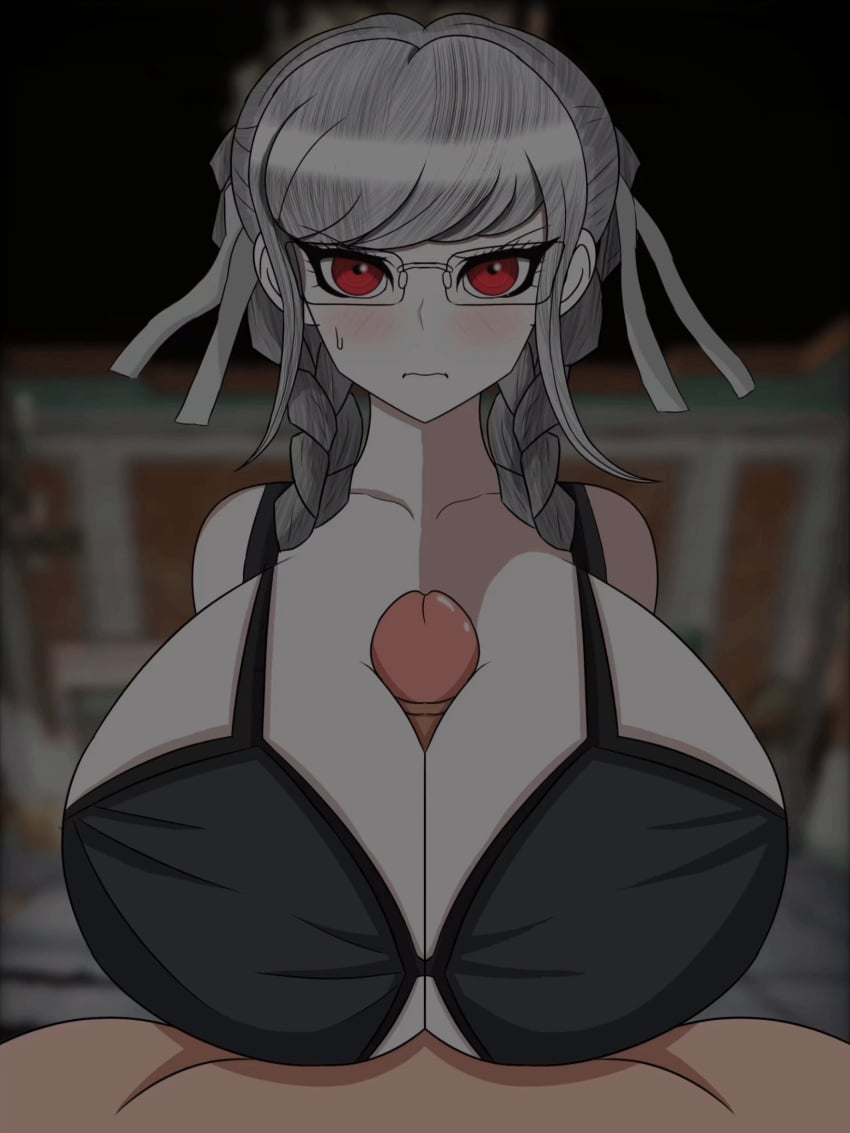 1boy 1girls 2d animated animated_gif beat_banger beat_banger_(mod) big_breasts bikini black_bikini blush bra danganronpa danganronpa_2:_goodbye_despair gif glasses huge_breasts kosman paizuri pekoyama_peko penis penis_between_breasts red_eyes ribbon silver_hair solo solo_female