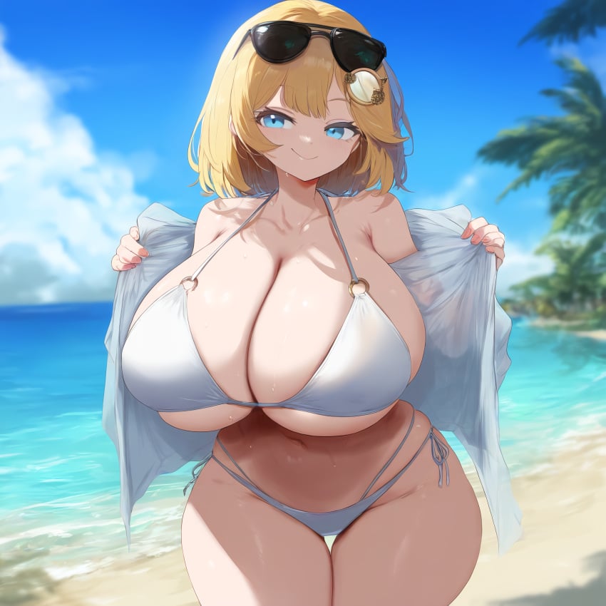 ai_generated ameanon big_breasts bikini blonde_hair blue_eyes breasts breasts_bigger_than_head eyewear_on_head gigantic_breasts hololive hololive_english hololive_myth huge_breasts large_breasts looking_at_viewer mommy o-ring_bikini side-tie_bikini_bottom smile sunglasses thick_thighs virtual_youtuber vtuber watson_amelia white_bikini