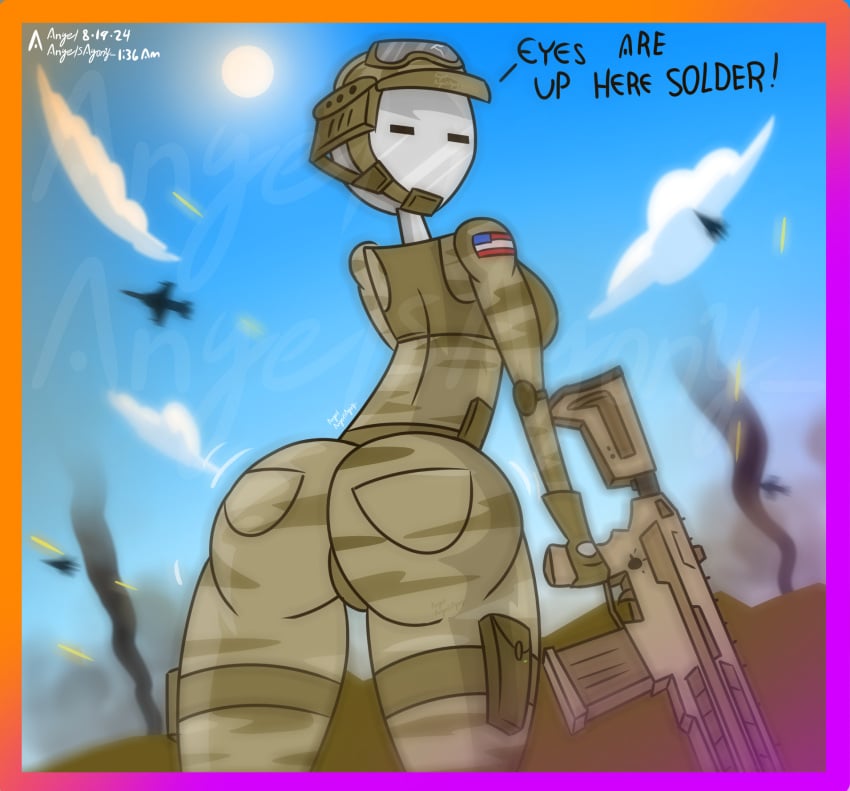 agonywelds american_flag android android_girl angelsagony anthro ass badtaste big_ass big_breasts big_butt bullet controversial controversy female fighter_jet gun holding_gun looking_at_viewer looking_back milf military military_uniform robot robot_girl smoke wide_hips