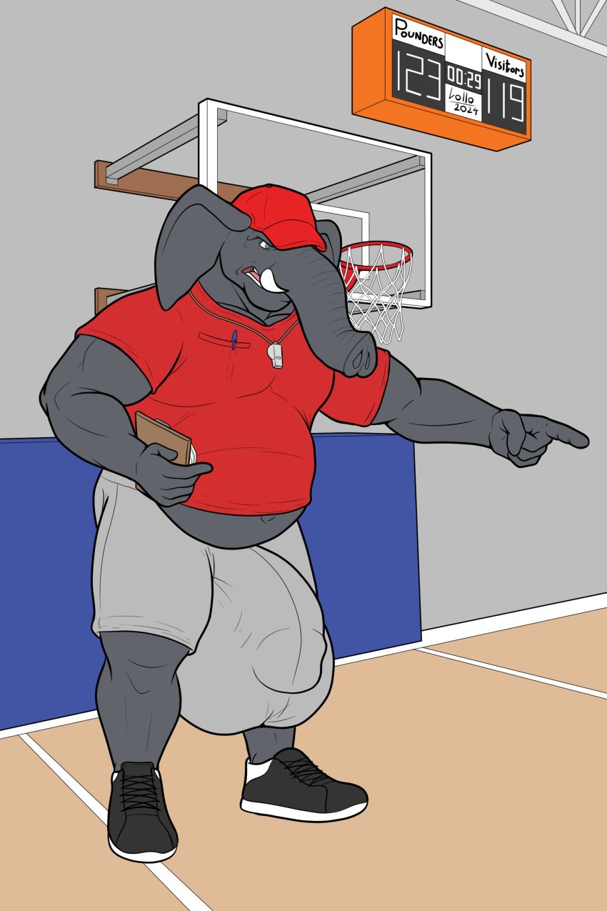 absurd_res anthro balls_outline basketball_hoop belly big_bulge biped bulge detailed_background detailed_bulge elephant elephantid genital_outline hi_res huge_bulge jakiel_blacktusk lollo_poppo male male_anthro mammal mature_male musclegut muscular muscular_anthro muscular_male navel overweight overweight_anthro overweight_male penis_outline plantigrade proboscidean solo trunk tusks whistle_(object)