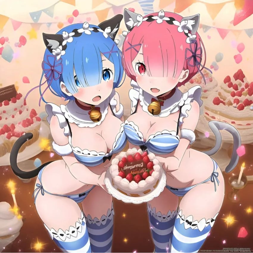 2girls ai_generated artist_request bell blue_eyes blue_hair cake cat_ears cat_tail fake_animal_ears food maid maid_apron maid_headdress maid_outfit maid_uniform open_mouth panties pink_eyes pink_hair ram_(re:zero) re:zero_kara_hajimeru_isekai_seikatsu rem_(re:zero) sisters smile smiling smiling_at_viewer tongue twins