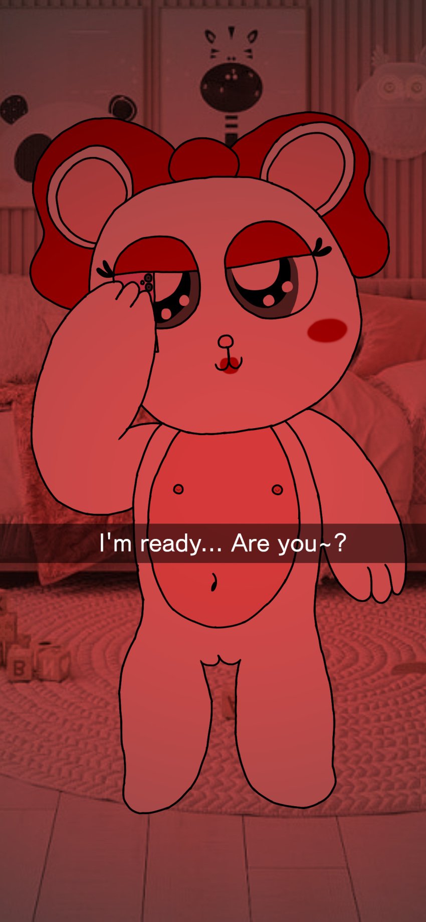 absurd_res anthro backgroundfox_(artist) bear belly blush chibi eyeshadow female fur genitals grey_eyes hi_res lipstick makeup malino mammal navel nipples nude paws photo_background photography_(artwork) pink_belly pink_ears pink_nipples pink_nose polar_bear pretty_blood pussy red_blush red_bow red_eyeshadow red_lighting red_lipstick solo ursine white_body white_fur young_adult