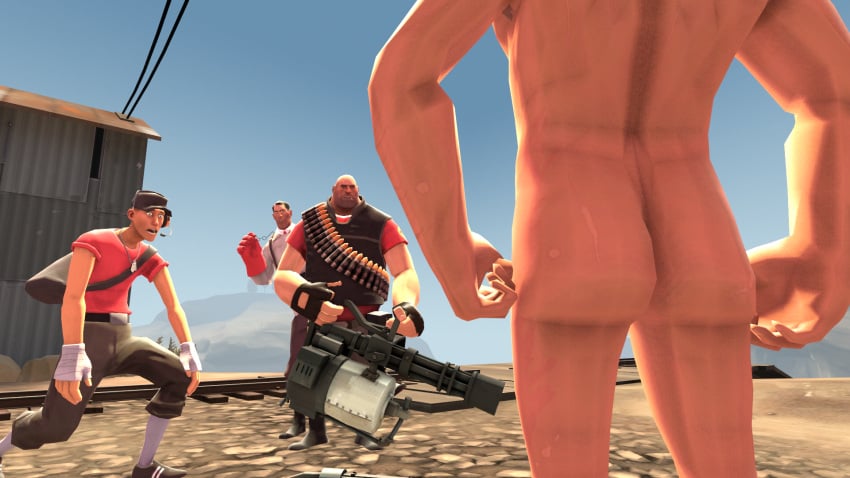 butt butt_naked casual facing_away heavy_(team_fortress_2) human male medic_(team_fortress_2) pale_skin scout_(team_fortress_2) shocked_expression soldier_(team_fortress_2) staring tagme team_fortress_2 tf2 tick_tock_meme