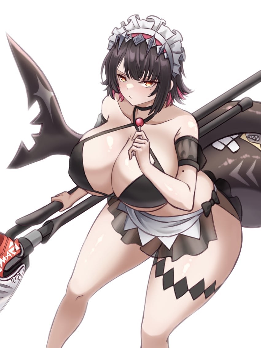 1girls absurdres alternate_breast_size bikini black_bikini black_hair breasts candy chantatou-hwi cleavage closed_mouth collarbone colored_inner_hair ellen_joe female fins fish_tail food highres holding holding_candy holding_food holding_lollipop holding_polearm holding_weapon huge_breasts lollipop looking_at_viewer maid maid_headdress mole mole_under_eye multicolored_hair orange_eyes pink_hair polearm shark_girl shark_tail solo standing swimsuit tail thigh_strap thighs two-tone_hair weapon zenless_zone_zero