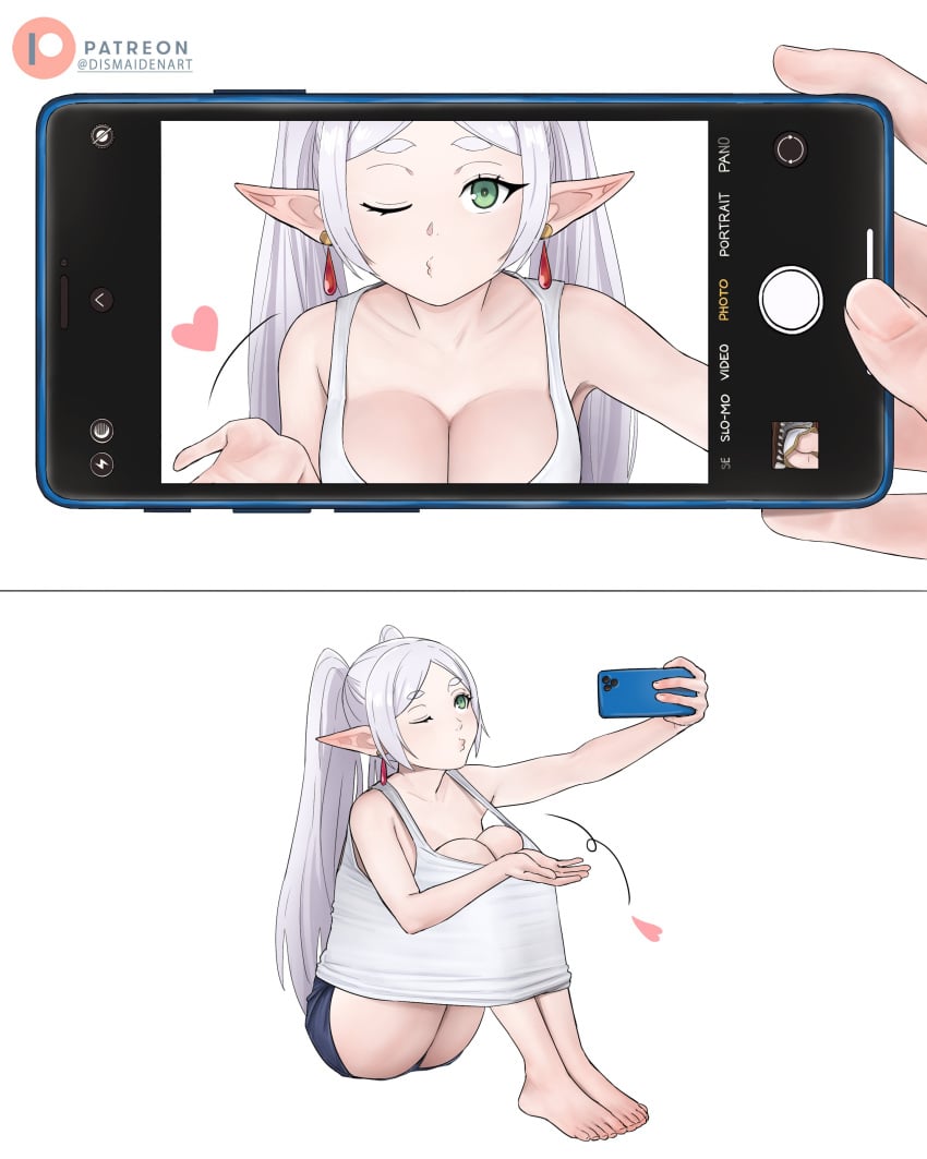 1girls dismaiden elf elf_ears elf_female fake_breasts frieren frieren_beyond_journey's_end green_eyes heart kissing one_eye_closed optical_illusion selfie small_breasts smartphone sousou_no_frieren thighs twintails white_hair wink