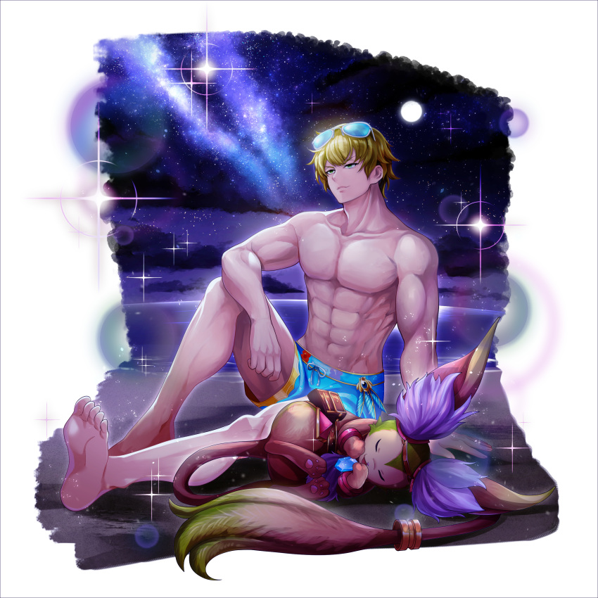 abs beach fen_(grand_summoners) grand_summoners male male_only official_alternate_costume official_art ru_(grand_summoners) swim_trunks swimwear tagme transparent_background