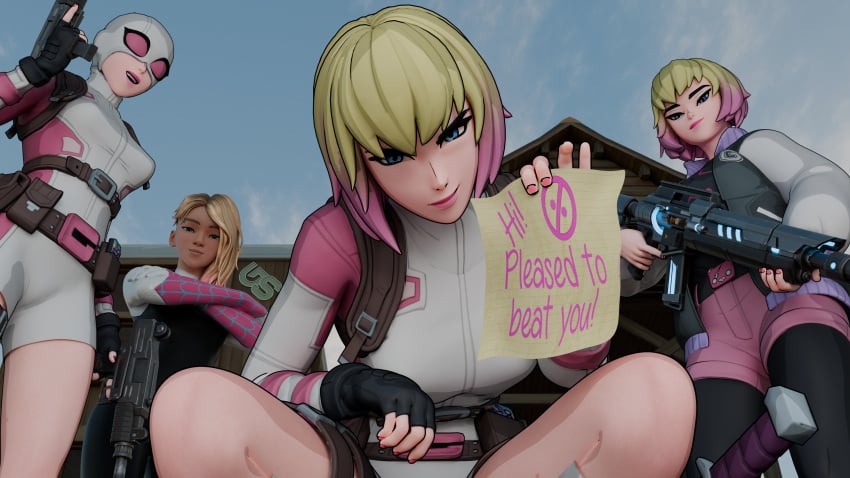 4girls belt cel_shading clothing female female_only firearm footwear fortnite fortnite:_battle_royale grandmastersurgeon gwen_poole gwen_stacy gwenpool gwenpool_(fortnite) handgun human marvel marvel_comics multiple_girls pale_skin pov spider-gwen superhero superhero_costume superheroine weapon