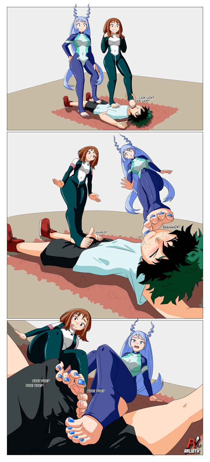 1boy 2girls arlioth barefoot blushing comic comic_page denki_anma dominant_female double_footjob feet_on_face femdom foot_domination foot_fetish foot_lick footjob footjob_over_clothes footjob_with_legwear hero_outfit_(mha) izuku_midoriya midoriya_izuku my_hero_academia nail_polish nejire_hado ochako_uraraka standing standing_footjob standing_on_face stepped_on stepping_on_penis submissive_male teamwork toe_suck trample trampled_penis trampling uraraka_ochako